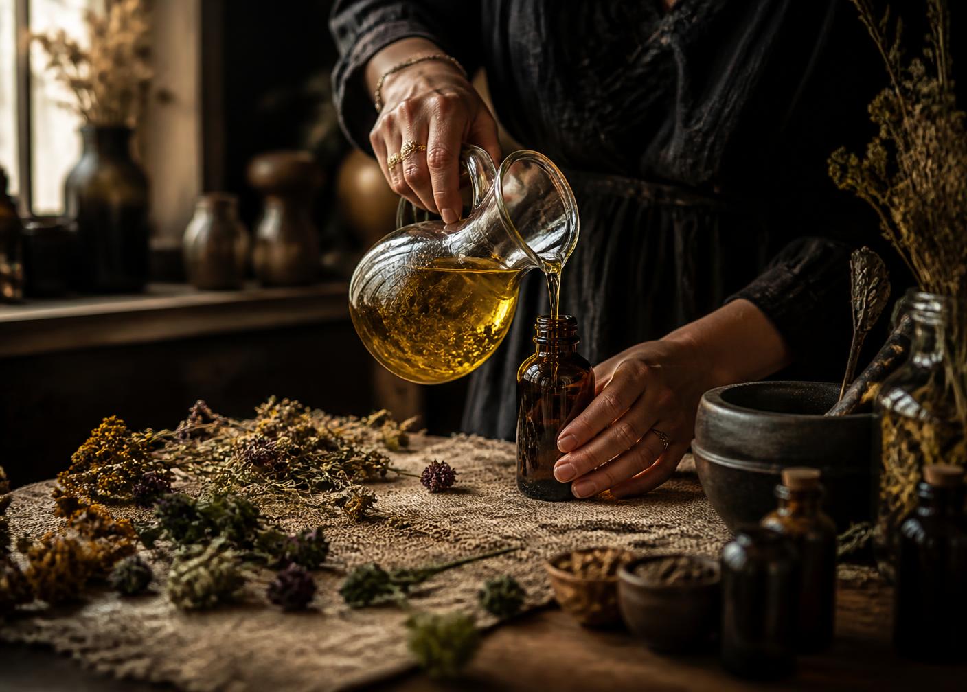 Botanical oil being decanted by hand on the farm